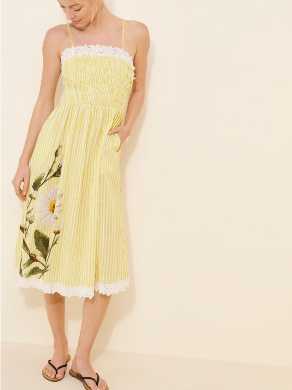 Anthropologie LyreBird Yellow Striped Smocked Daisy Dress Size L NWT